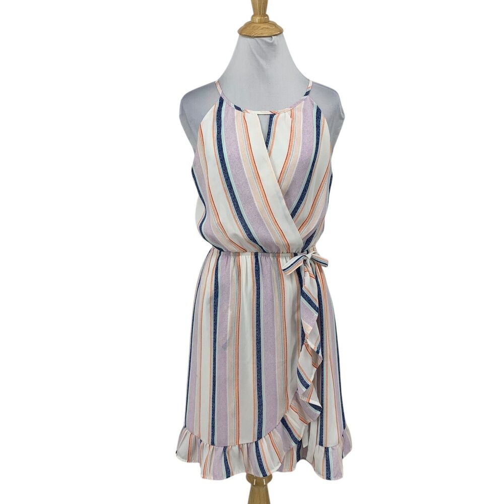Harper Dress Womens M Medium Multi Faux Wrap Keyhole Heritage Striped Lined